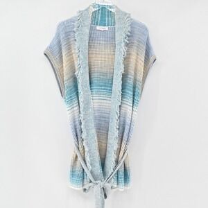 INTERMIX Womens Fringe Knit Sweater Size M Drop Shoulder Boho Tie Blue Cardigan‎